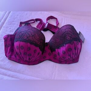 Kathy Ireland Bra 44D Burgundy Microfiber Stretch Lace Underwire Lightly Padded